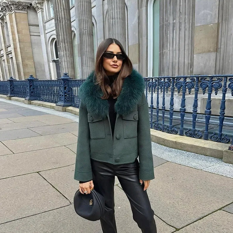 Choubery Elegant Enchanted Lake Vintage Fur-Trimmed Flight Jacket