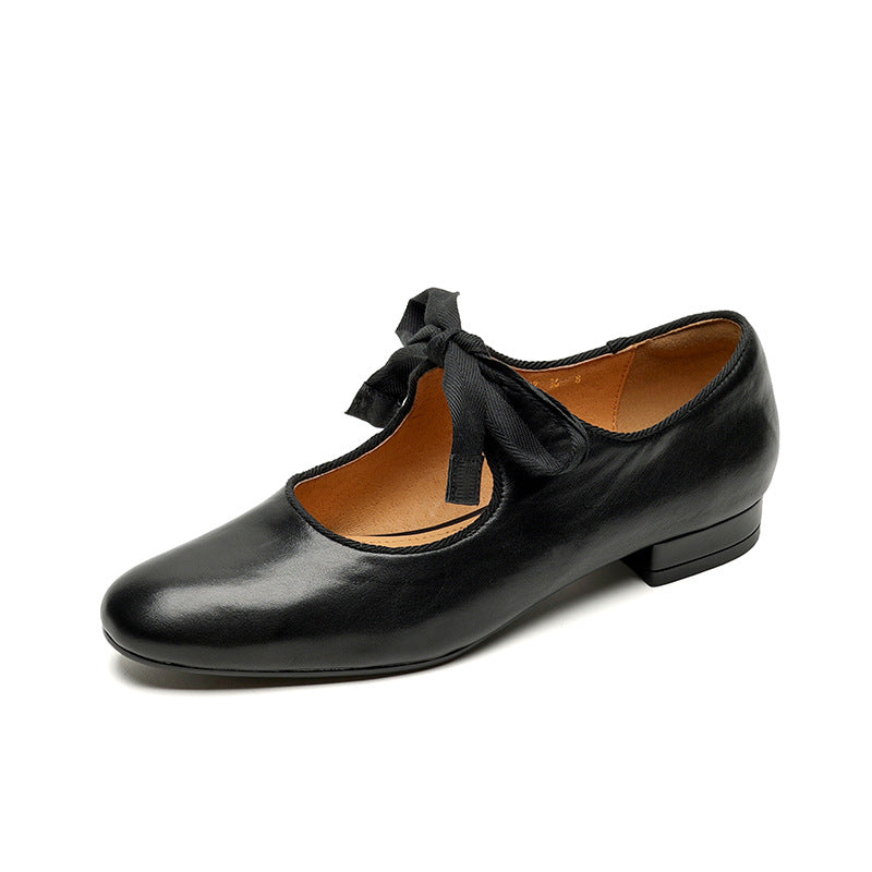 Choubery French-style Vintage Bow Lace Low-heeled Leather Shoes