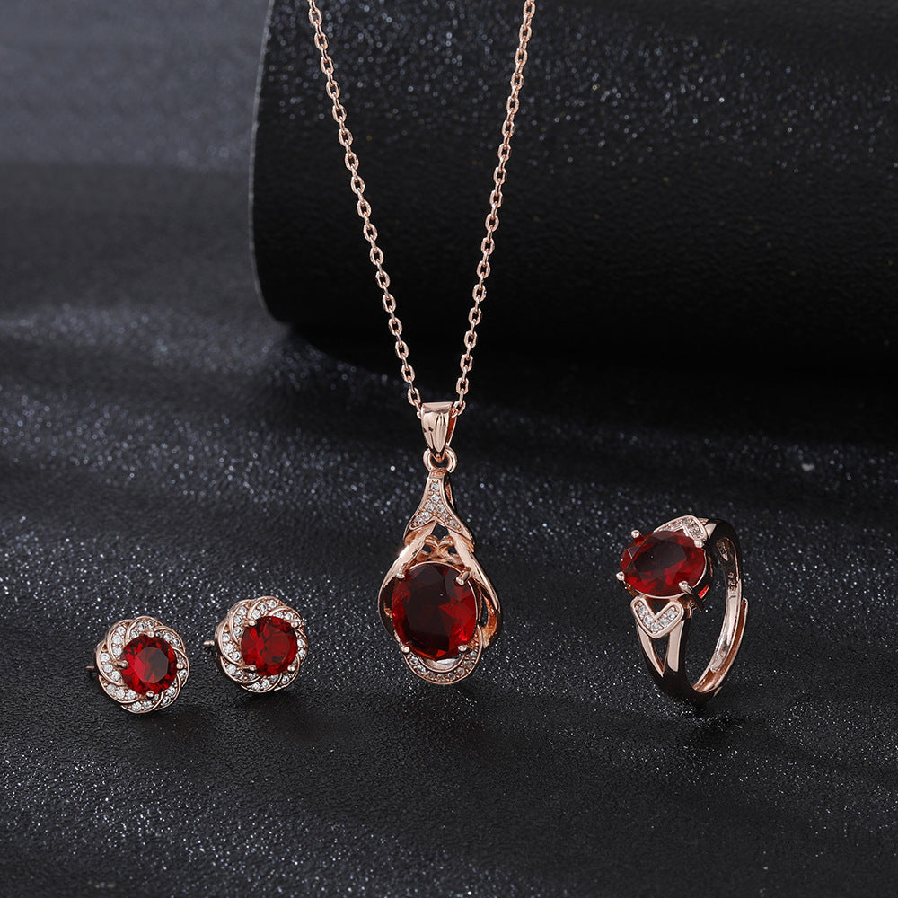 Choubery Ruby Heart Gemstone Pendant Necklace Jewelry Set