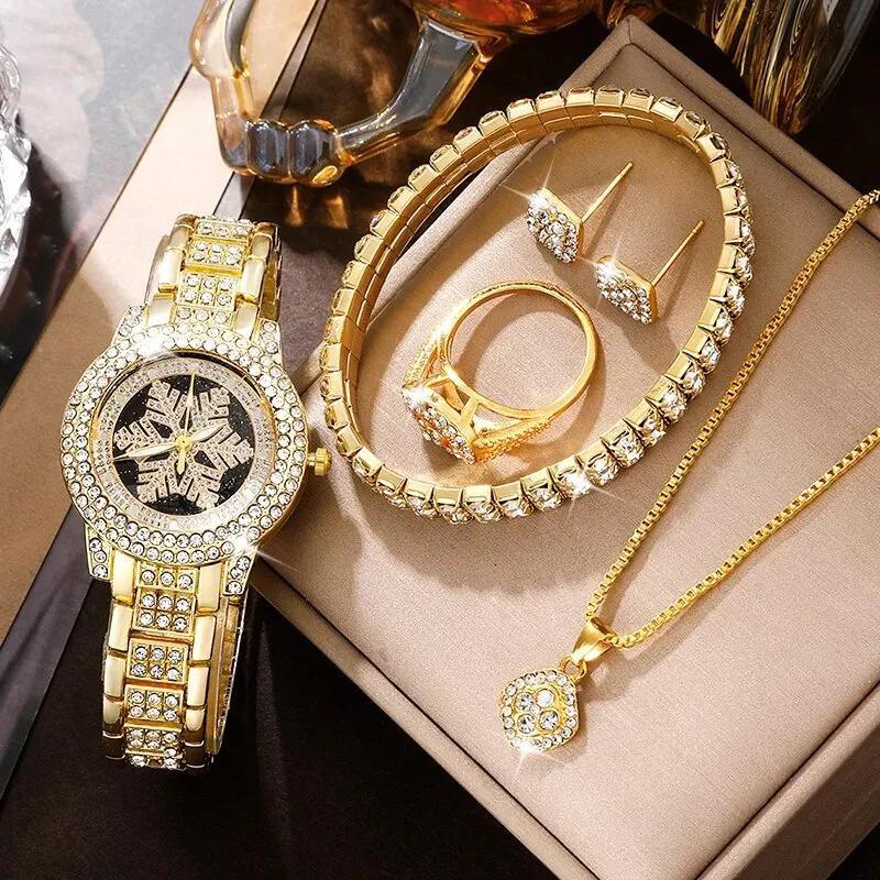 Choubery Snowflake Pattern Watch Rhinestone Jewelry Five-piece Set