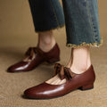 Choubery French-style Vintage Bow Lace Low-heeled Leather Shoes